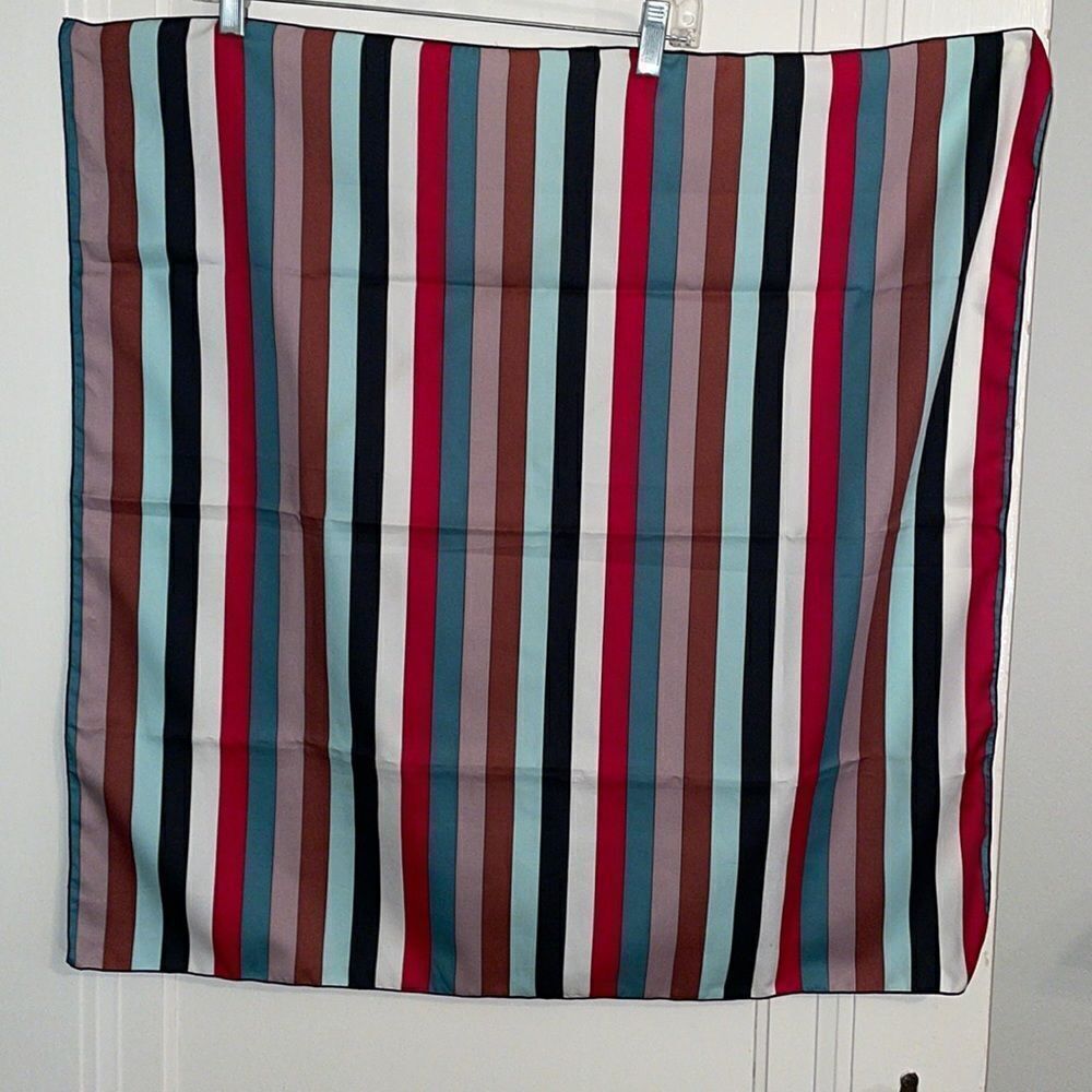 Vtg 70s/80s black, white, red, brown, green & pink striped polyester scarf
